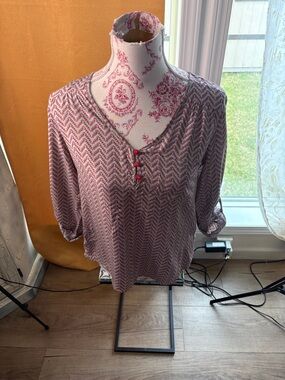 41 Hawthorne Stitch Chevron Red & Blue Roll Tab Blouse M Boho